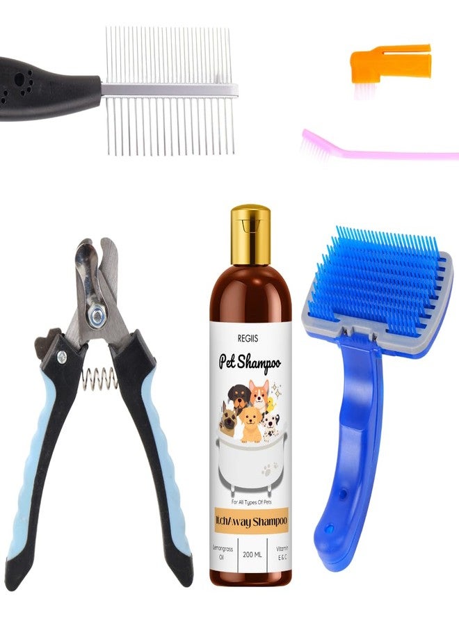 Regiis Pet Grooming Kit, 5-Piece Set with Shampoo, Self-Cleaning Slicker Brush, Metal Comb, Nail Clippers, Toothbrush for Dogs and Cats, 200ml - Image 1